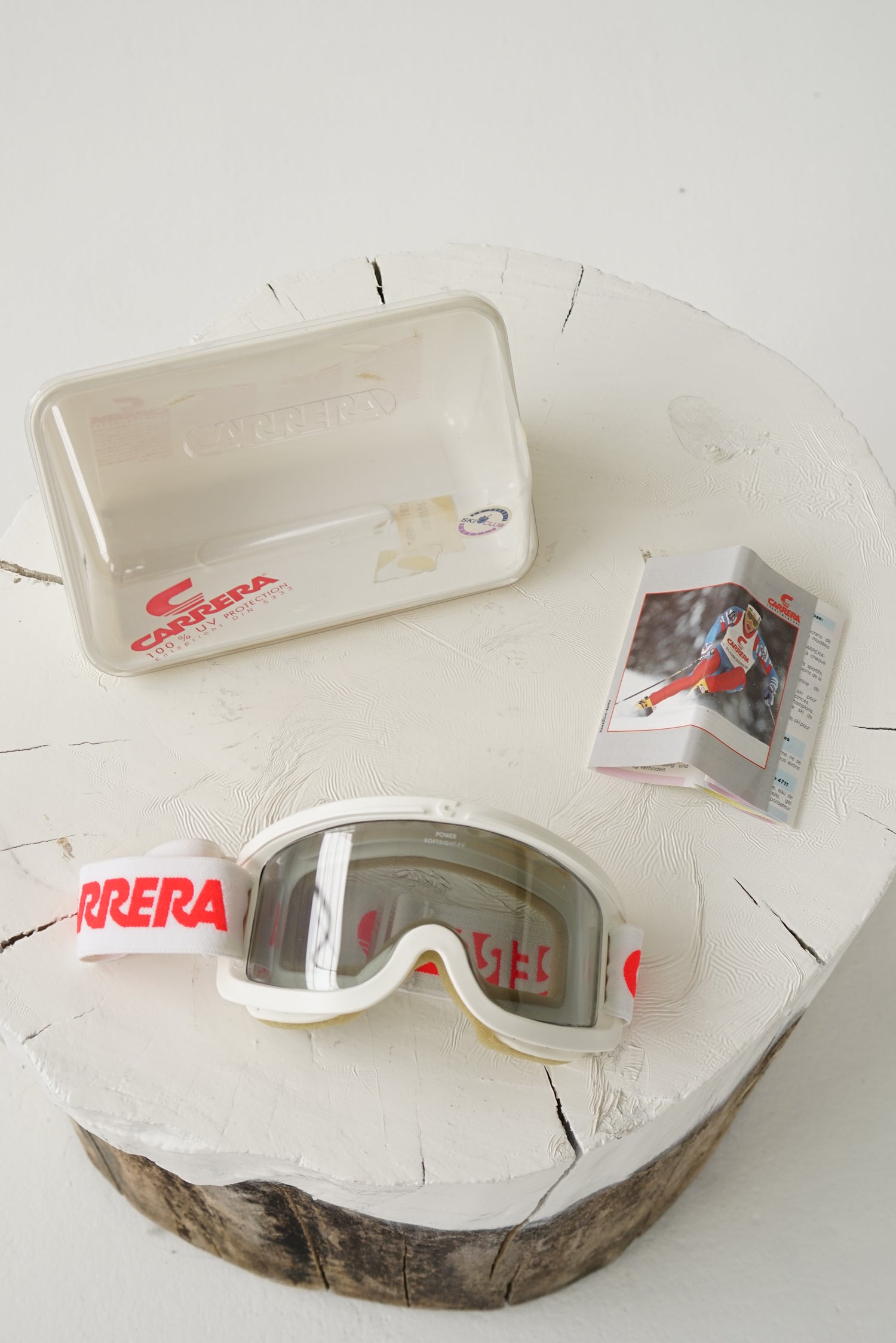 Lunette de ski vintage Carrera Power Softsight-EV neuve blanche et orange dans leur boite original taille standard