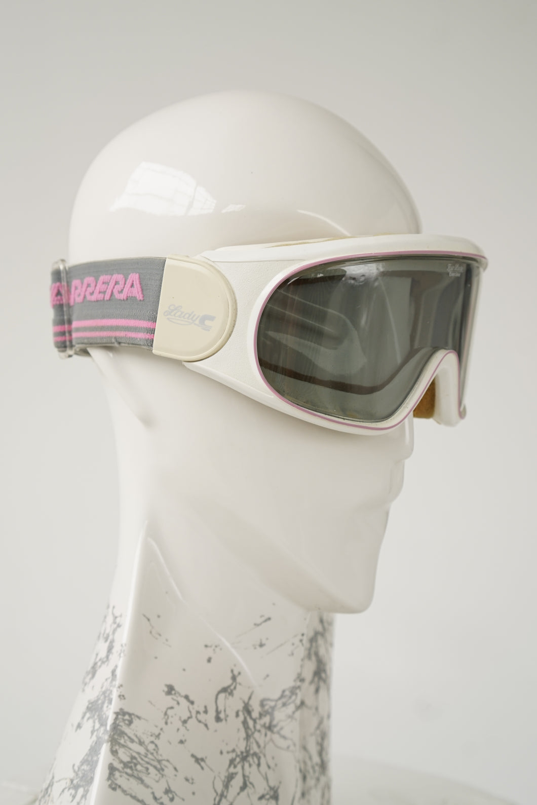 Lunette de ski vintage Carrera FairLady Everclear blanche, grise et rose pour petit visage