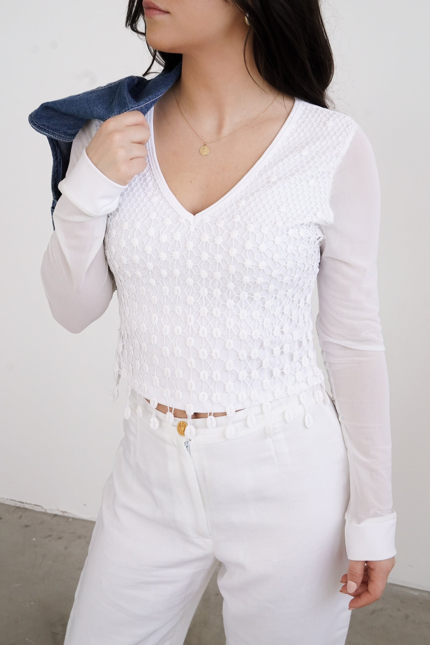 Top blanc 90s à broderie taille L 100% polyester