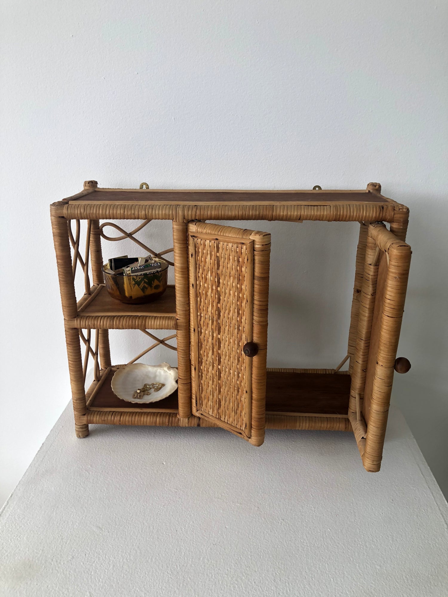 Vintage bamboo wall shelf with doors