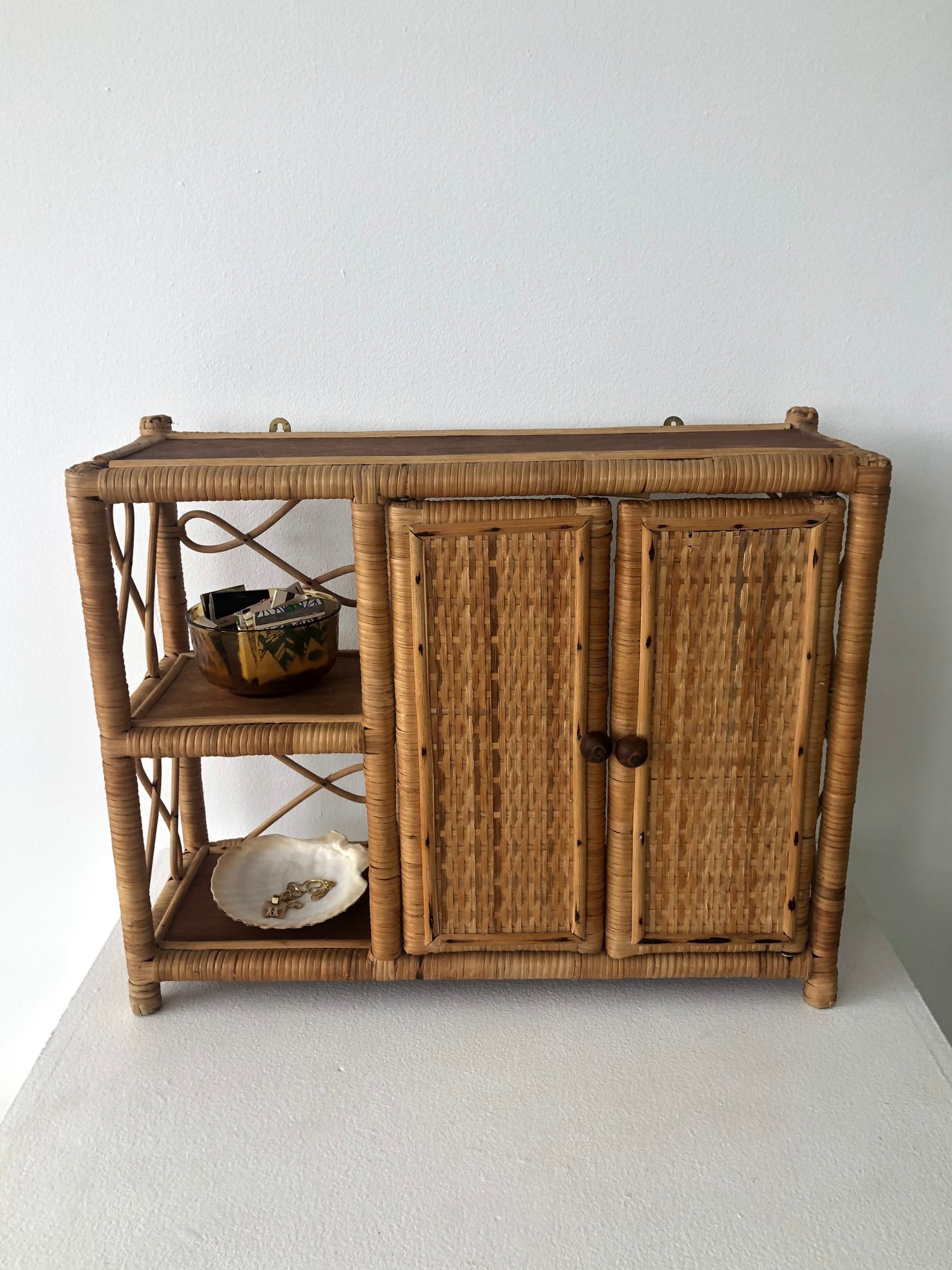 Vintage bamboo wall shelf with doors