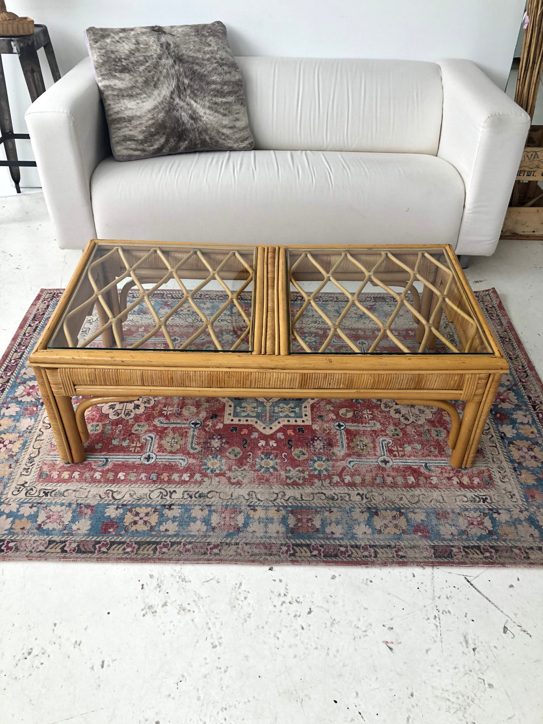 Rectangular bamboo living room table with glass top
